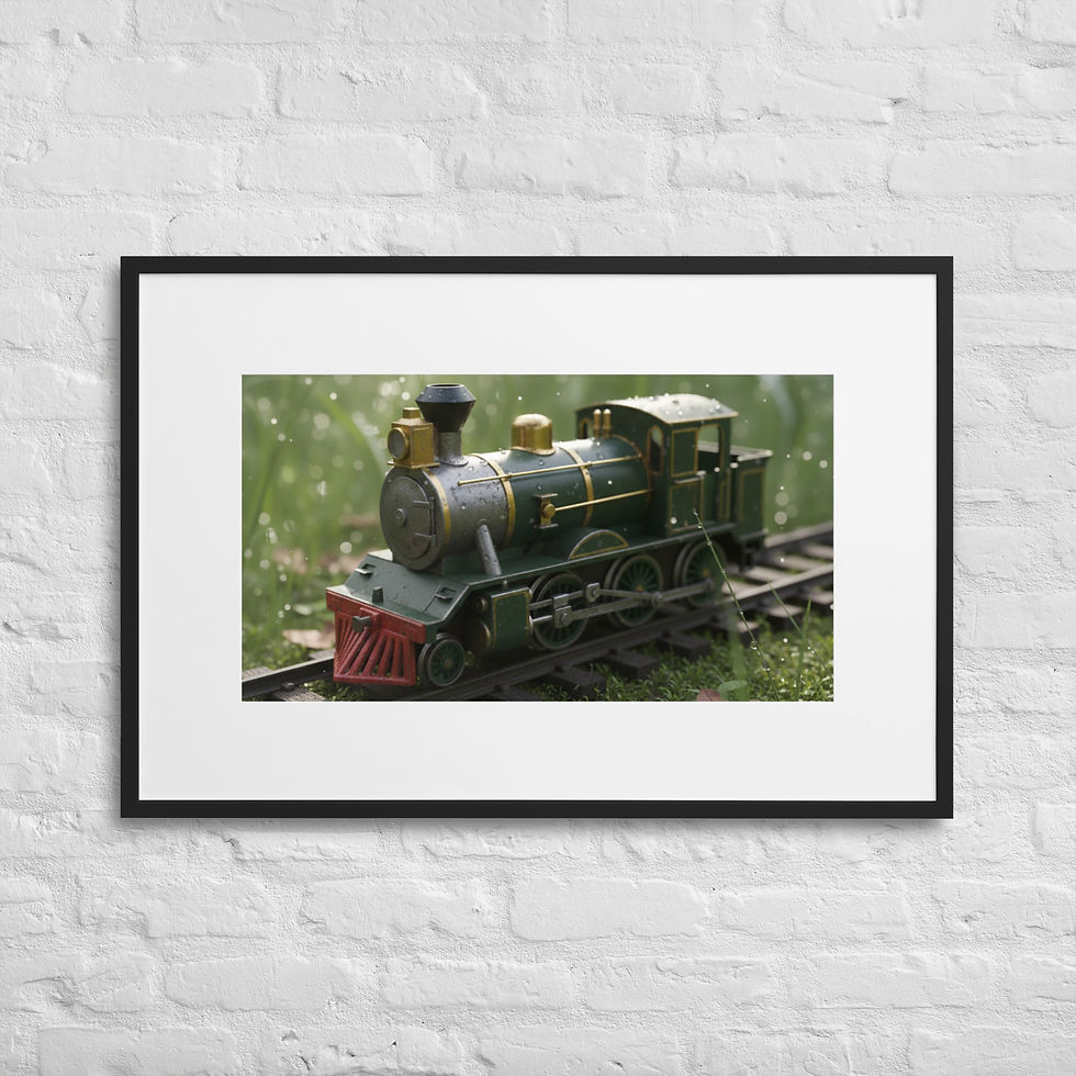 Framed macro photo of a vintage green and gold toy steam train on tracks surrounded by grass and sparkling water droplets.