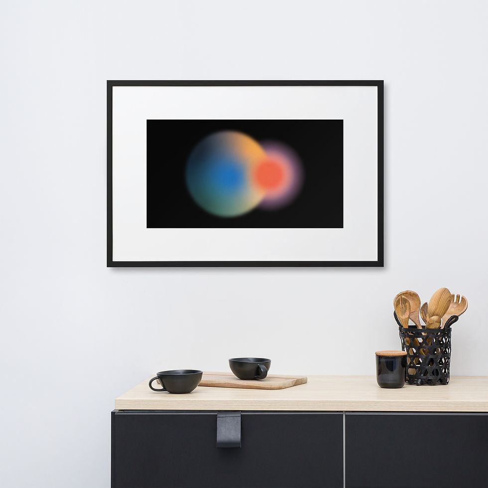 Framed abstract art: Two soft, glowing orbs (blue/cyan/yellow and red/pink) on a black background. Modern and Cosmic.