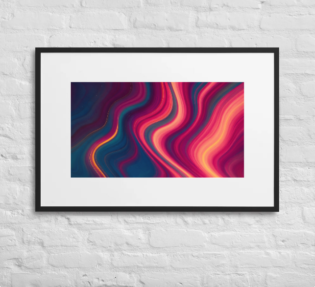 Framed fluid abstract art print with a swirling marble effect