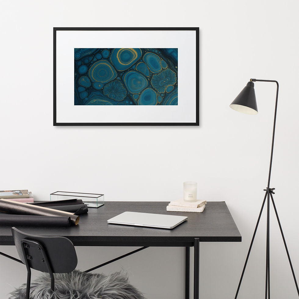 Abstract fluid art print framed in black, featuring swirling, concentric, cell-like shapes in deep teal, black, and gold.