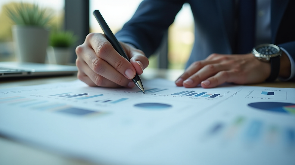 Close-up view of a consultant's hands analyzing business charts and graphs on a desk