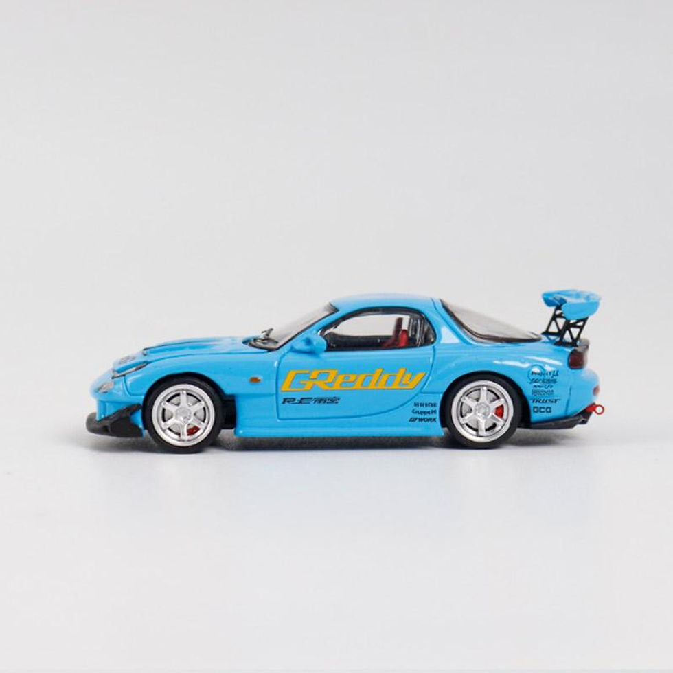Thumbnail: MAZDA RX-7 FD3S BLUE GREDDY HOOD OPENS 1/64 SCALE DIECAST CAR MODEL BY BSC
