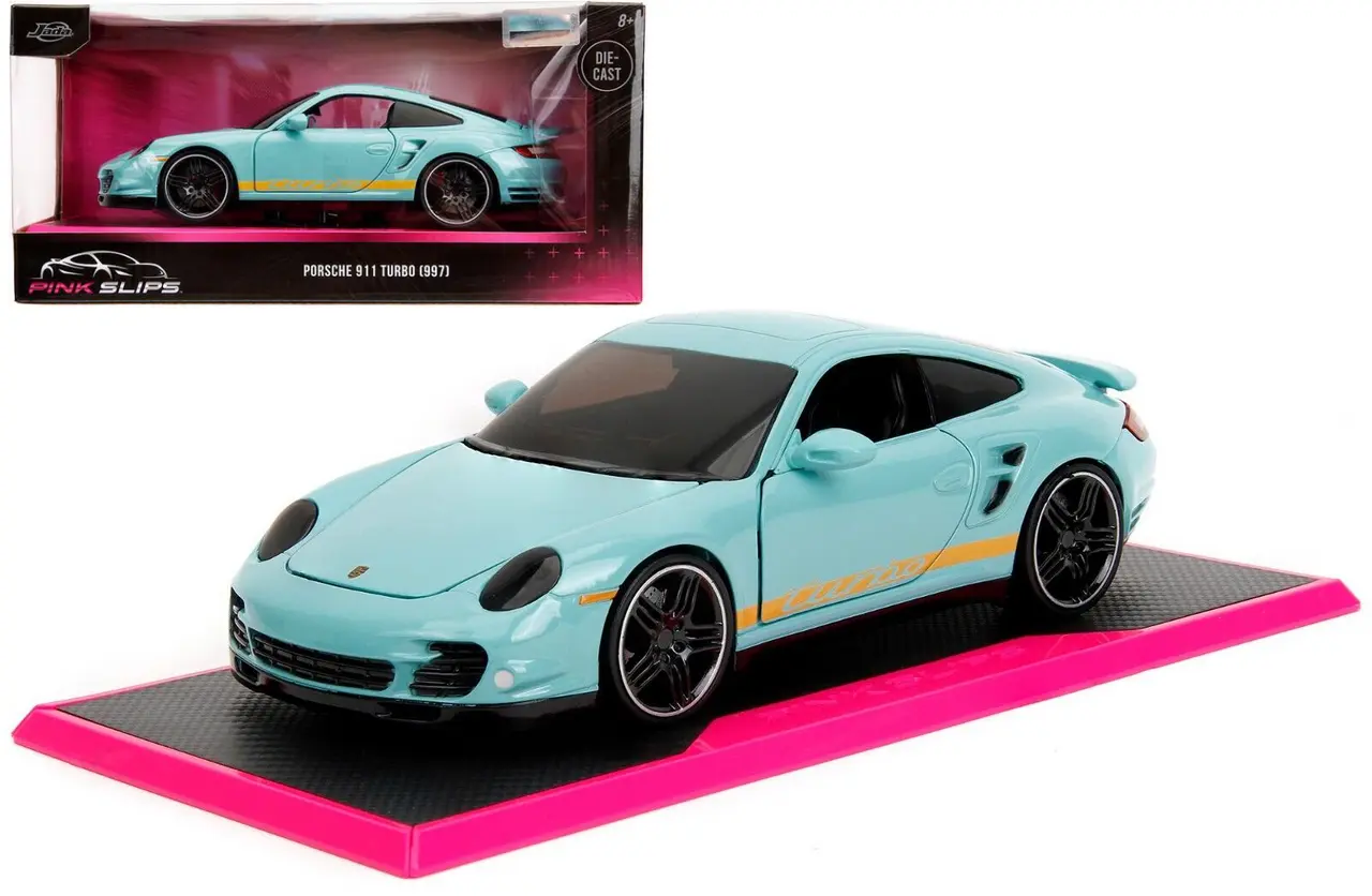PORSCHE 911 TURBO 997 LIGHT BLUE PINK SLIPS 1/24 DIECAST CAR BY JADA TOYS 35060