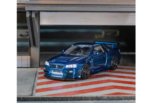 NISSAN SKYLINE GT-R R34 CHROME BLUE CARBON FIBER 1/64 DIECAST CAR
