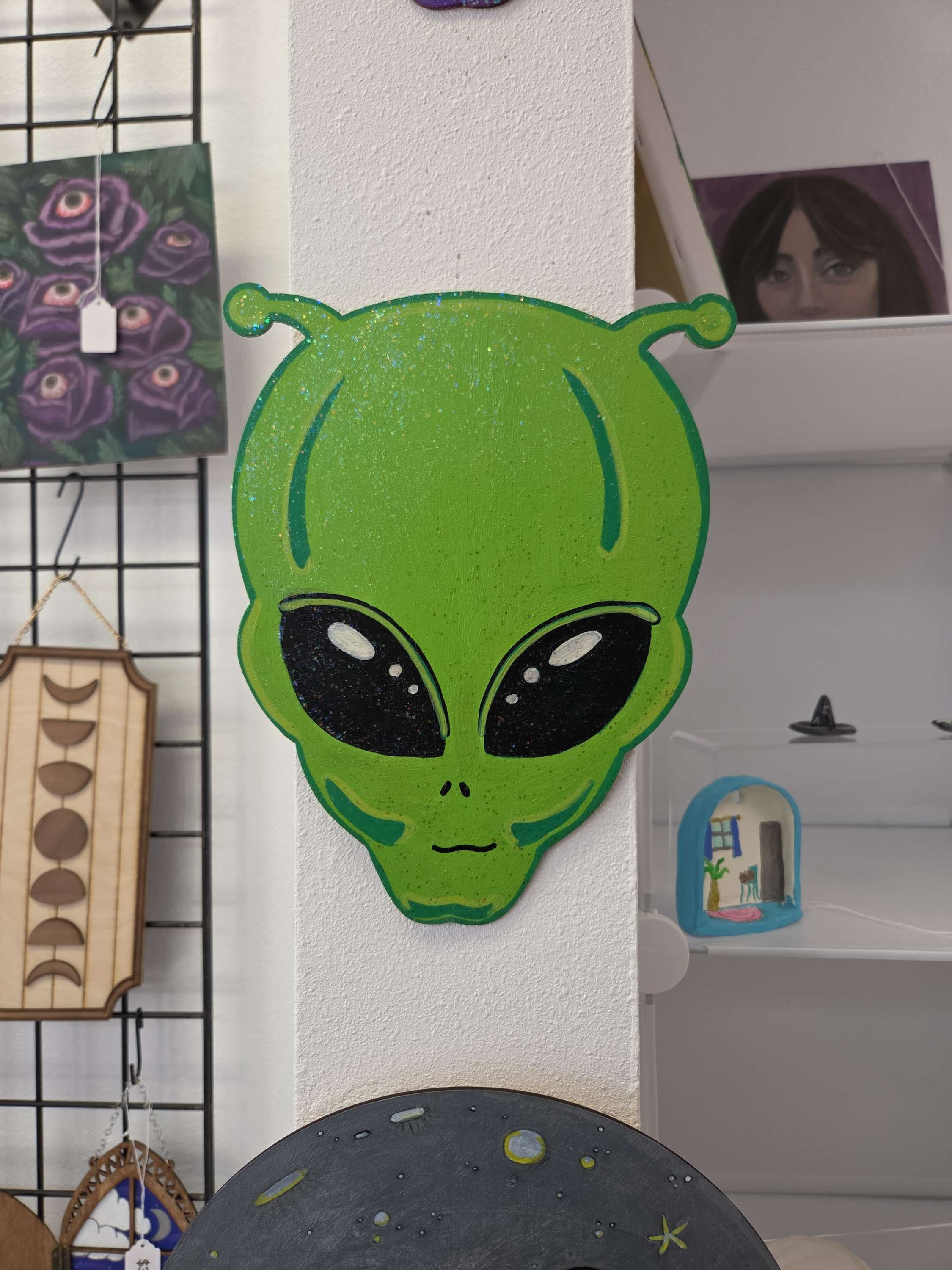 Green Alien | Wood Panel Painting