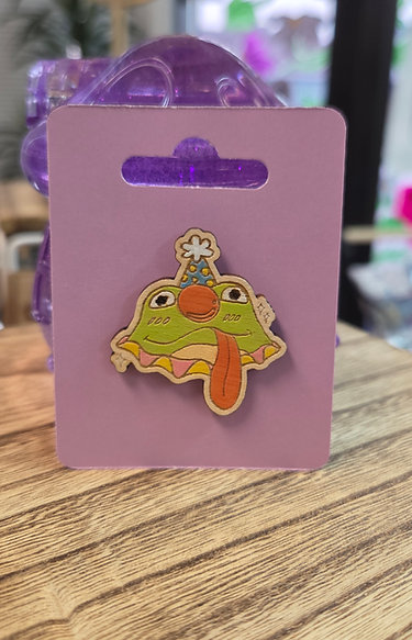 Cheeky Green Clown Frog Pin | Handmade Wood Pin