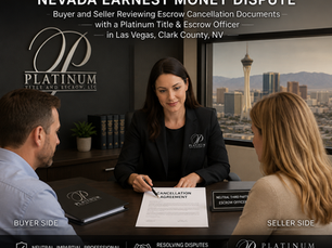 Professional real estate escrow dispute meeting in Las Vegas, Nevada featuring a Platinum Title & Escrow officer reviewing a cancellation agreement with buyer and seller parties. Modern escrow office with Las Vegas Strip skyline view, showcasing neutral third-party escrow services for Nevada earnest money disputes, real estate contract cancellations, and residential closing transactions in Clark County, NV.