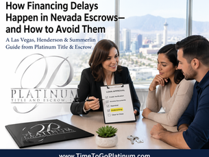 Luxury real estate closing consultation in Las Vegas office showing loan approval process and underwriting checklist, illustrating how financing delays happen in Nevada escrows and how to avoid them, branded with Platinum Title & Escrow logo and website www.TimeToGoPlatinum.com , serving Henderson and Summerlin.