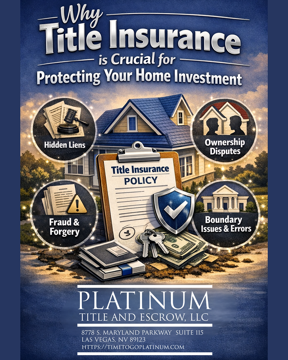 Por qué el seguro de título es crucial para proteger su inversión inmobiliaria en Nevada: infografía de Platinum Title and Escrow, LLC que explica los gravámenes ocultos, las disputas de propiedad, el fraude, los problemas de límites y cómo los servicios profesionales de depósito en garantía protegen a los compradores y vendedores en las transacciones inmobiliarias de Las Vegas.