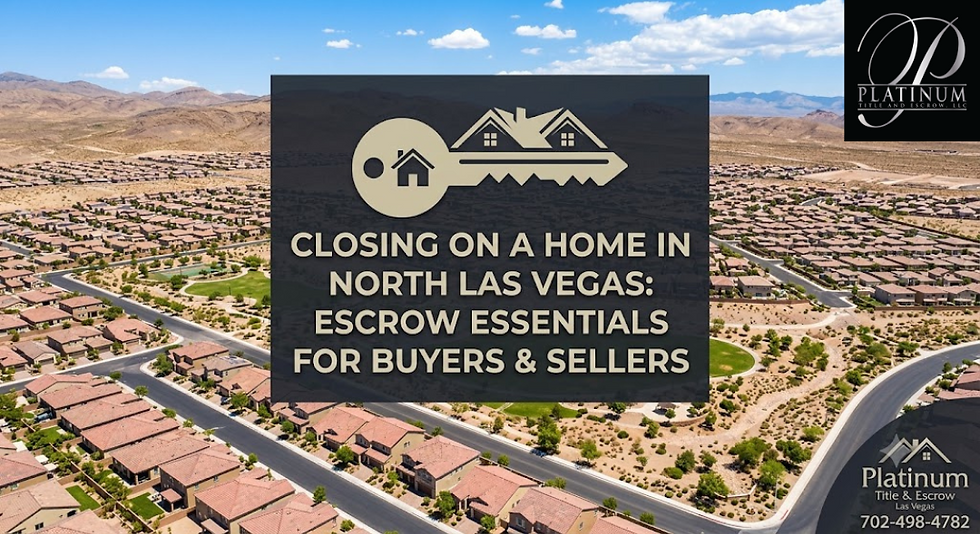An aerial drone view of a sprawling master-planned residential neighborhood in North Las Vegas, Nevada, featuring rows of modern tile-roof homes against a clear desert sky and mountains. Overlaid text reads: "Closing on a Home in North Las Vegas: Escrow Essentials for Buyers & Sellers" with the Platinum Title & Escrow logo.