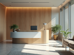 Modern office reception area with a curved wooden desk, warm lighting, large windows, and a seating area with plants.