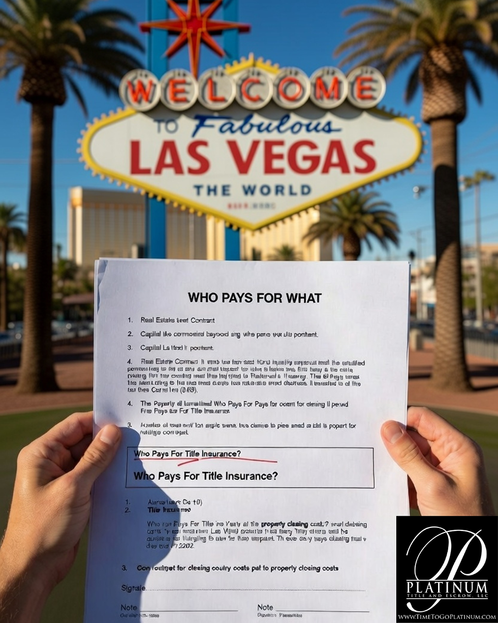 A person holding a "Who Pays For What" real estate closing costs document in front of the iconic "Welcome to Fabulous Las Vegas" sign on the Las Vegas Strip.
