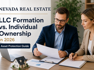 A real estate investor and a professional reviewing property documents next to a miniature house model, highlighting the process of a Nevada Real Estate LLC formation.