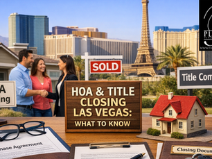 A bright daytime real estate closing scene in Las Vegas featuring a couple shaking hands with a real estate agent in front of a home with a “SOLD” sign, the Las Vegas Strip skyline in the background. In the foreground, a wooden table displays clearly labeled documents including “Purchase Agreement” and “Closing Documents,” along with a pen, eyeglasses, house keys, and a small model home. Signs reading “HOA Meeting” and “Title Company” reinforce the focus on HOA and title closing processes.