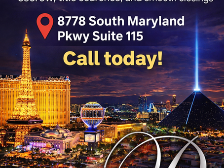 Las Vegas skyline at night featuring the Eiffel Tower at Paris Las Vegas and the Luxor pyramid with text promoting Platinum Title and Escrow offering secure escrow, title searches, and smooth real estate closings at 8778 South Maryland Pkwy Suite 115 with website www.TimeToGoPlatinum.com