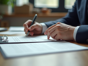 Client signing official documents on a clipboard in a professional office setting, representing title, escrow, and notary services.