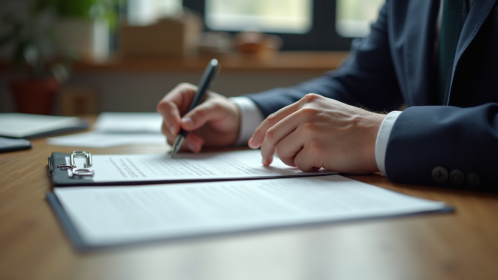 Eye-level view of a notary public's desk with essential tools for document preparation