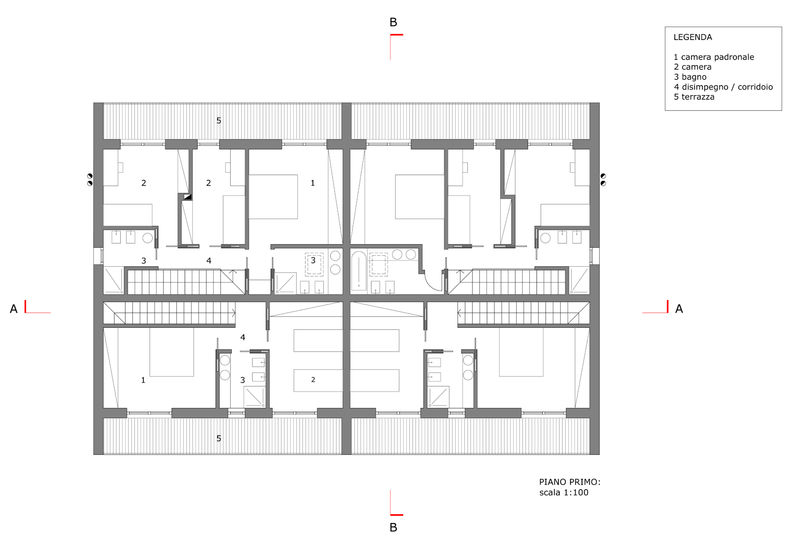 Progetto di dm/b architetti. Progetto di edificio residenziale plurifamiliare a belluno: pianta del piano primo.