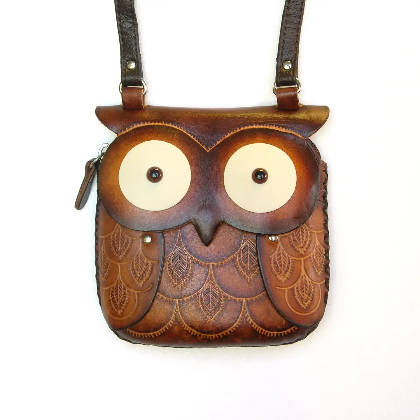 Leather Owl Crossbody Purse Brown