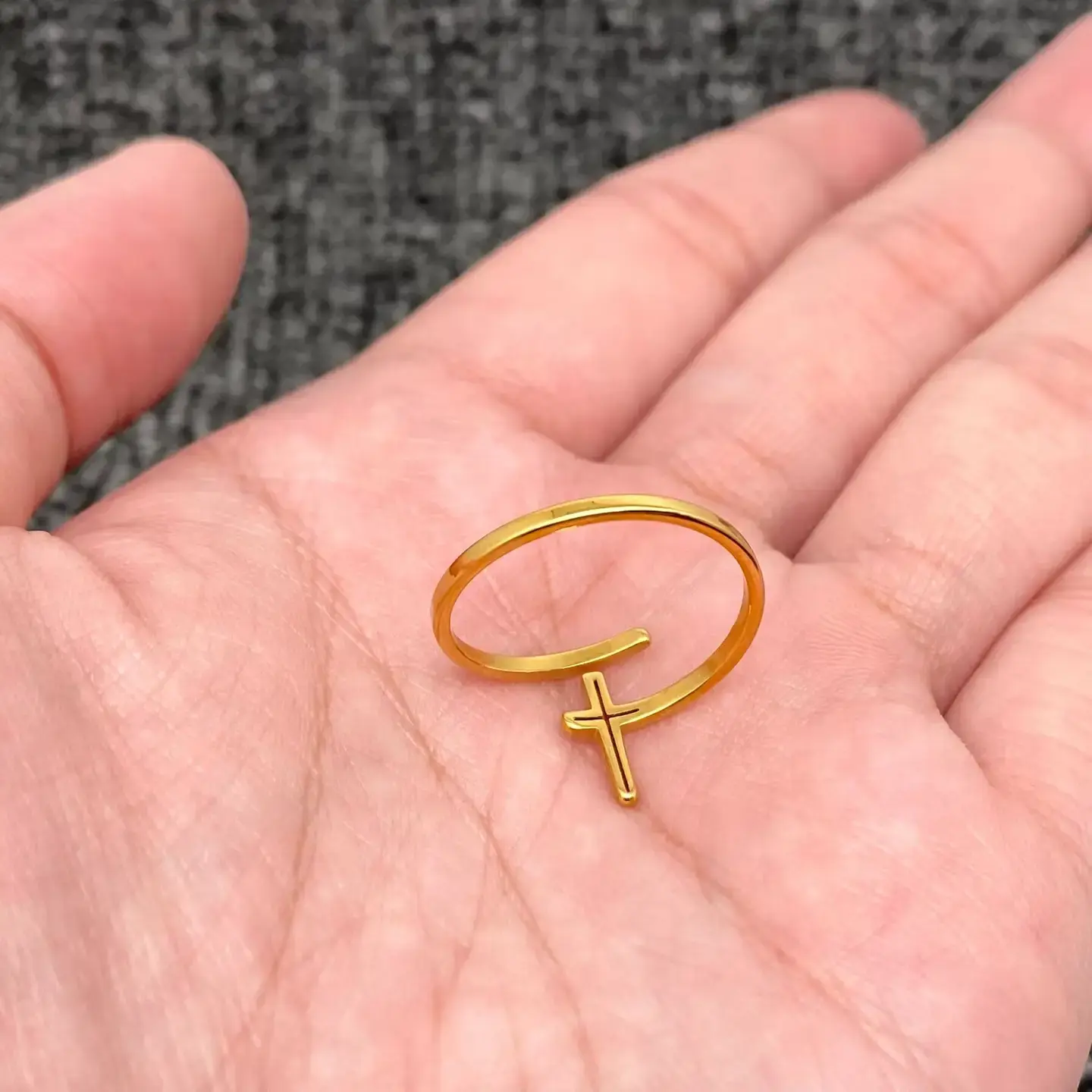 18K Gold-Plated Stainless Steel Cross Adjustable Ring - Fgs