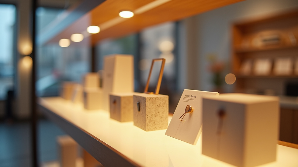 Eye-level view of a product display showcasing innovative items