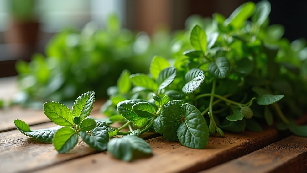 Close-up view of fresh herbs on a wooden table