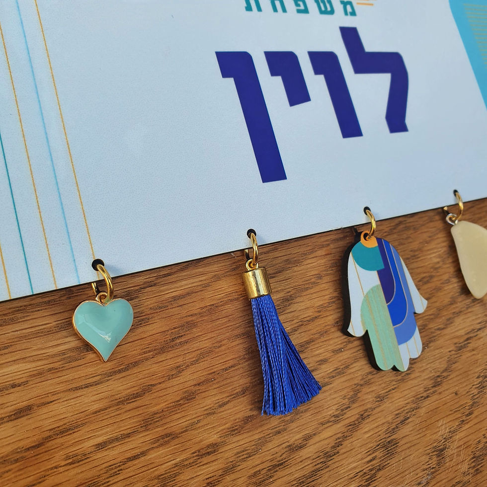 תמונה ממוזערת: קלוז-אפ של שלט עץ מעוצב בגווני כחול עם תליונים של מזל
