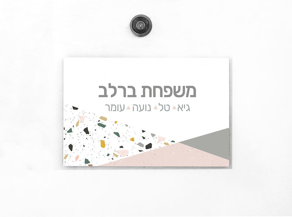 תמונה ממוזערת: שלט מותקן על דלת עם כיתוב "משפחת ברלב" ומעוצב בעיטור טרצו, קווים אלכסוניים בצבעים ניטרליים.