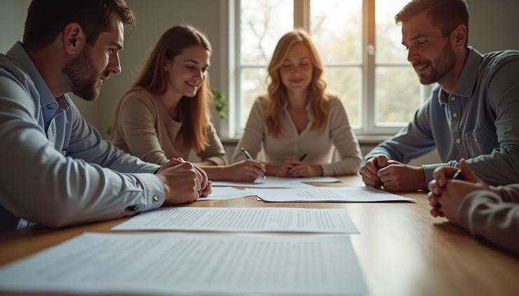 Eye-level view of a family sitting around a table discussing documents
