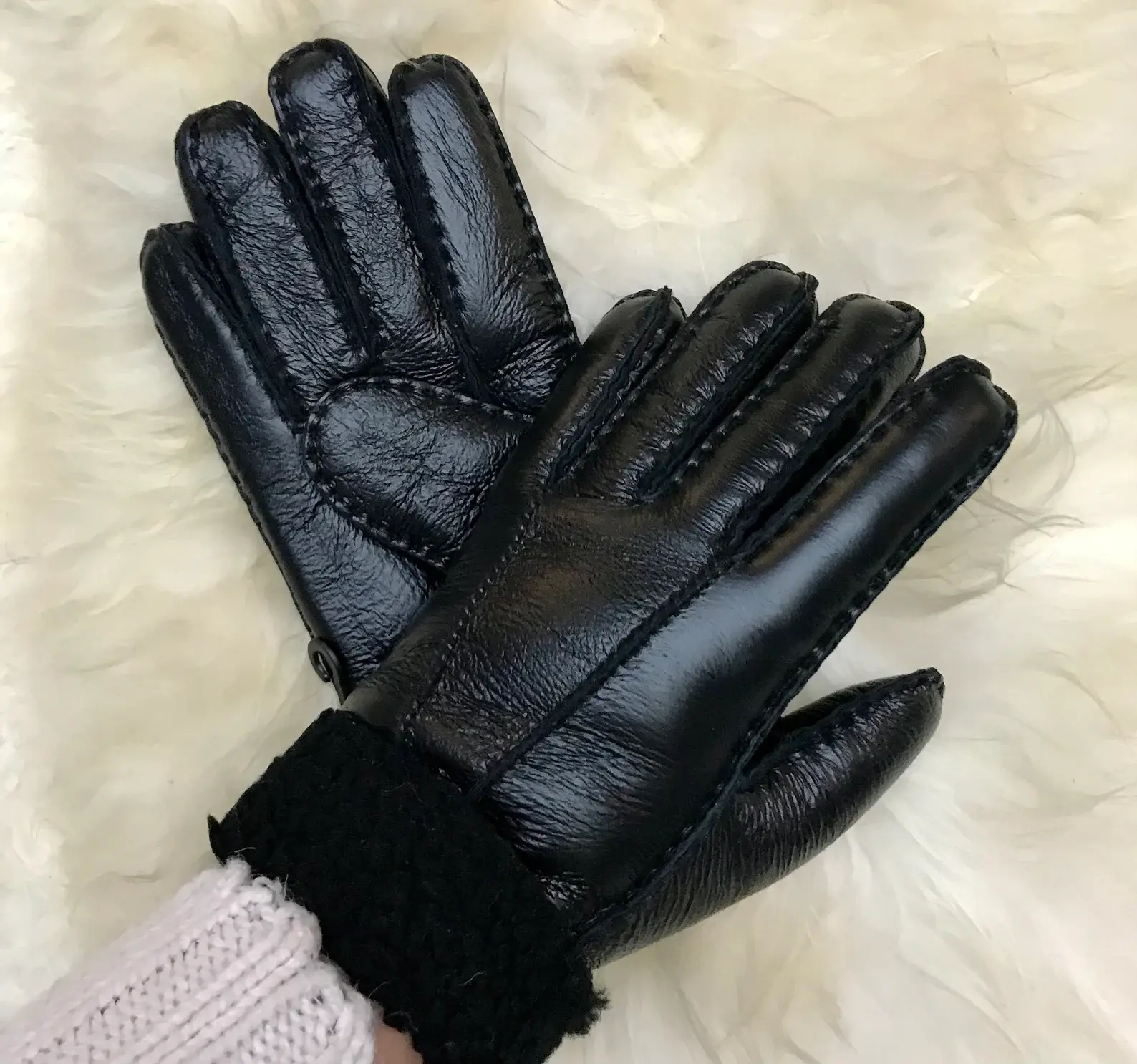 Womens Genuine Black Leather Sheepskin Gloves