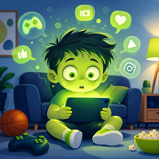 A soft, child-friendly illustration of a cartoon child sitting and holding a tablet, glowing with a gentle neon green light. The child’s posture is slightly slouched, with large, rounded eyes that look a little dazed but calm rather than distressed. Around them float simple, playful icons like speech bubbles and game controllers, suggesting digital activity. The background uses soft blues and warm neutral tones, with touches of green that match the glow. The overall style is clean, bright, and whimsical, designed to feel approachable and non-threatening while subtly representing the effects of too much screen time.