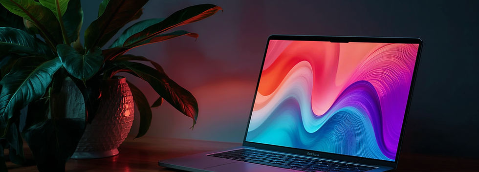 Open laptop with a colourful screen on a wooden desk beside a leafy plant, symbolising creativity, balance, digital wellbeing