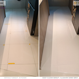 Discoloured dirty grout lines tile floor before cleaning
