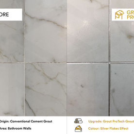 Bathroom wall tiles showing conventional grout on the left and silver flakes grout on the right