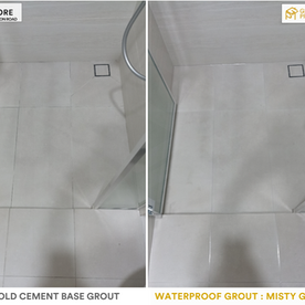 Bathroom floor tiles before and after anti-stain grout in cloudy grey