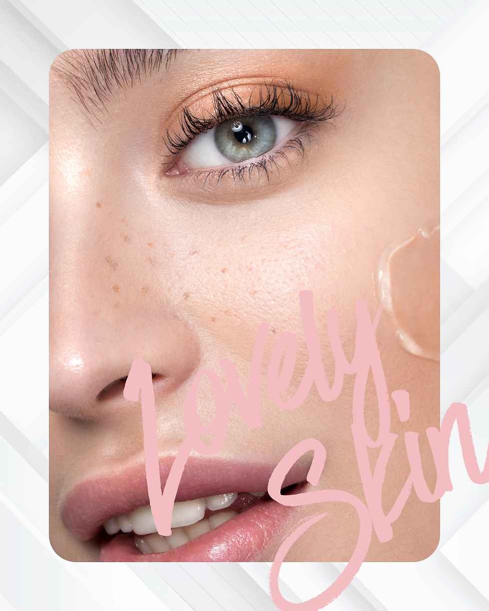 Close-up of a face with clear skin, freckles, and orange eye shadow. Glossy lips are visible. "Lovely Skin" text overlays in pink.