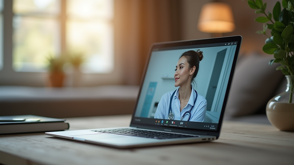Eye-level view of a laptop on a cozy desk with a virtual healthcare session on screen