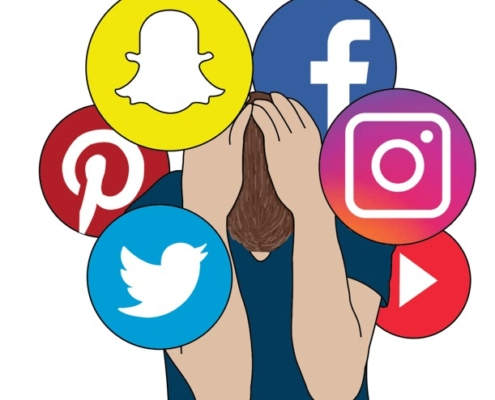Person covering face with hands, surrounded by colorful social media icons: Snapchat, Facebook, Twitter, Instagram, Pinterest. Overwhelmed mood.