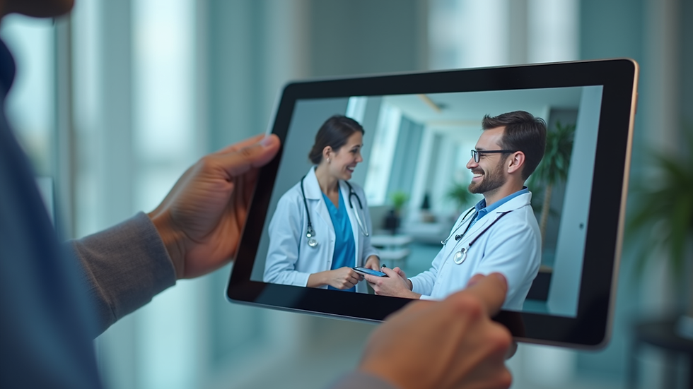 Close-up view of a digital tablet showing a virtual healthcare consultation