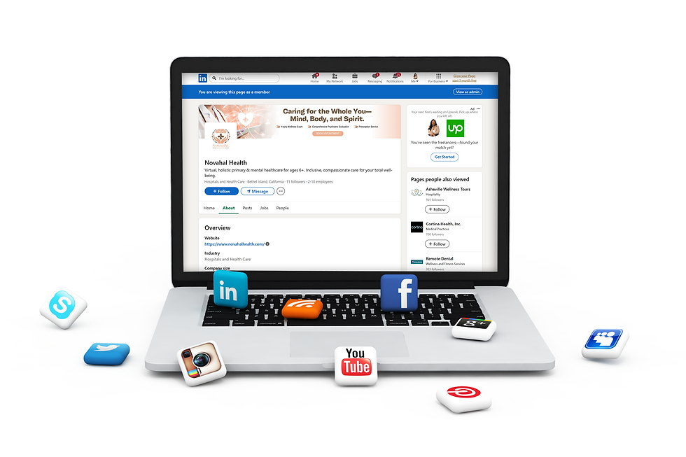 Eye-level view of a modern workspace with a laptop and digital marketing materials