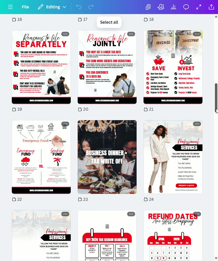 136 DIY Social Media Tax Services Templates (Red & Black)
