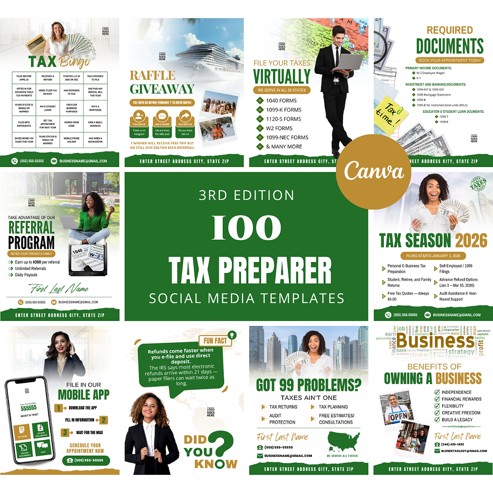 Thumbnail: 100 DIY Social Media Tax Services Templates - 3rd Edition (Green & Gold)