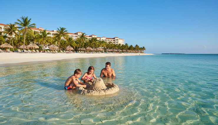 Wide-angle view of a family playing near clear shallow water at a Caribbean beach resort.