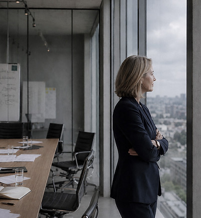 Senior business leader standing by a boardroom window overlooking a city.