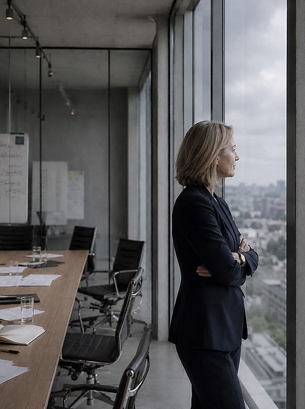 Senior executive overlooking a city from a boardroom, representing critical CEO, Board and C-level leadership decisions.