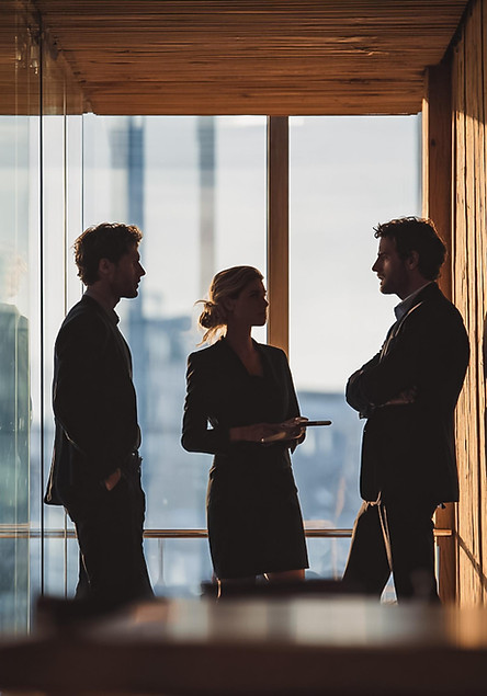 Executive search and leadership advisory – three business leaders in conversation inside a modern office, representing Menity’s focus on trusted partnerships in CEE and DACH