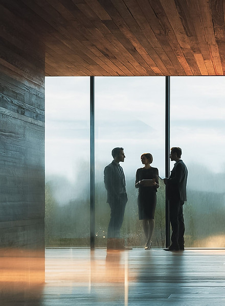 Business leaders in conversation inside a modern boardroom with natural light – Menity Contact Page