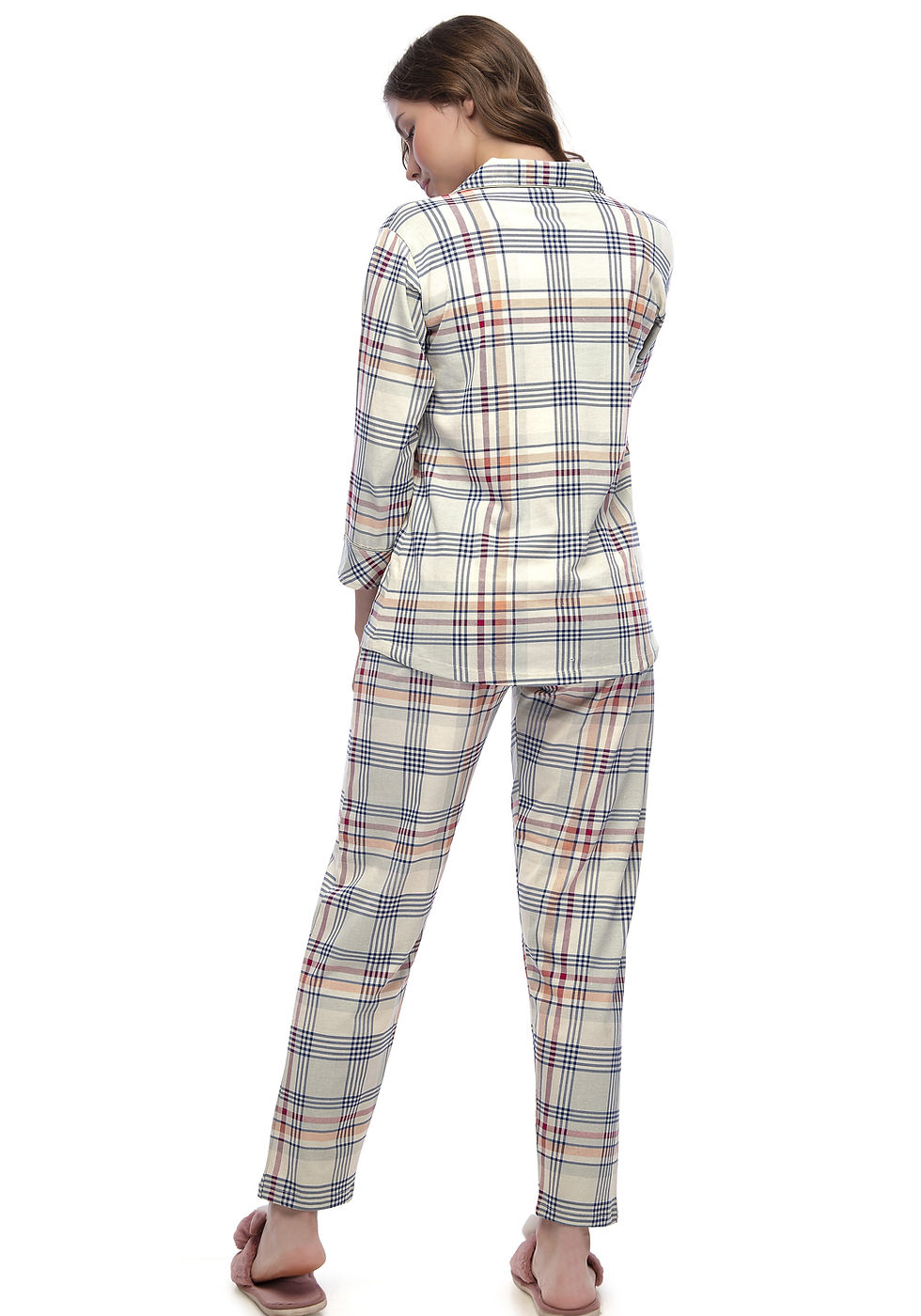 Thumbnail: LOTIK Women's Cotton Checks Printed Full Sleeve Front Open Nightsuit Set