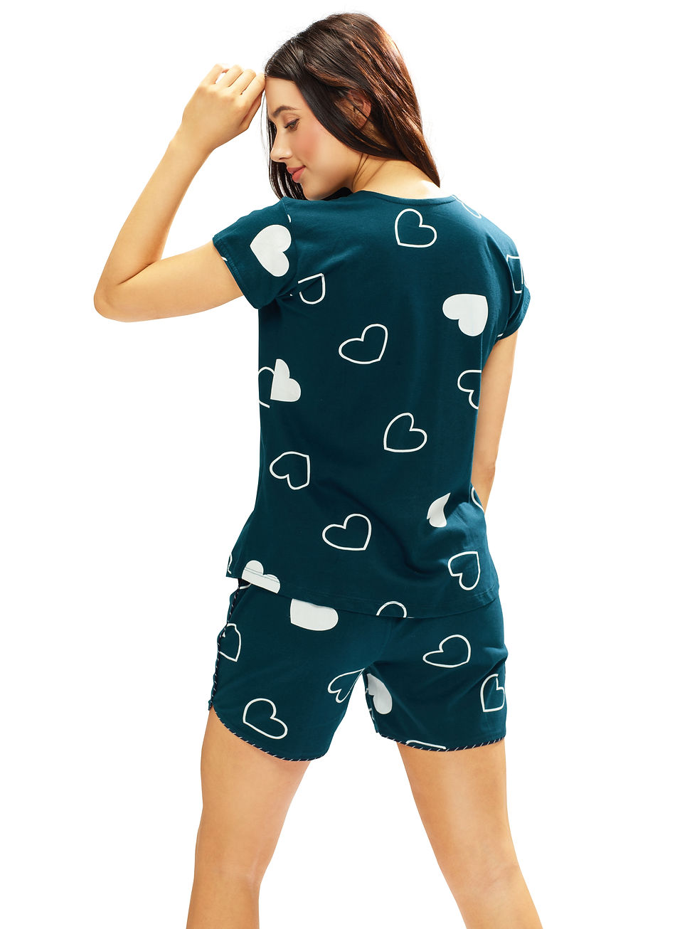 Thumbnail: LOTIK Women's Cotton Heart Printed Half Sleeve Top & Shorts Nightsuit Set
