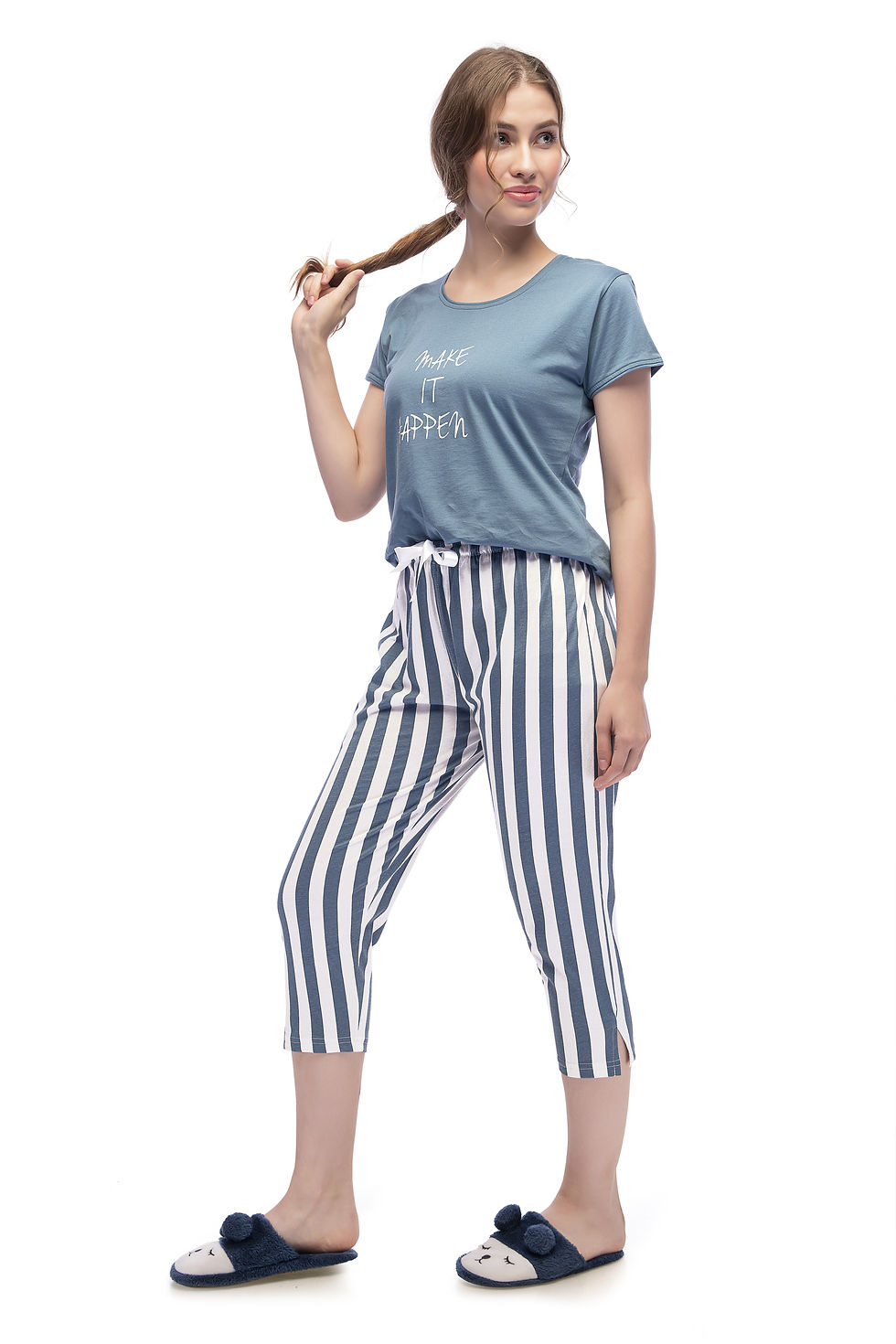 Thumbnail: Lotik Women's Cotton Strips Printed Top And Capri Nightsuit Set